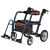 Uplivin Glide bleu en mode fauteuil roulant, vue 3/4 arrière avec repose-pieds déployés et sac de rangement cuir cognac