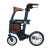 Rollator Uplivin Glide bleu en mode déambulateur, vue 3/4 avant avec dossier cuir cognac, sac de rangement et grandes roues