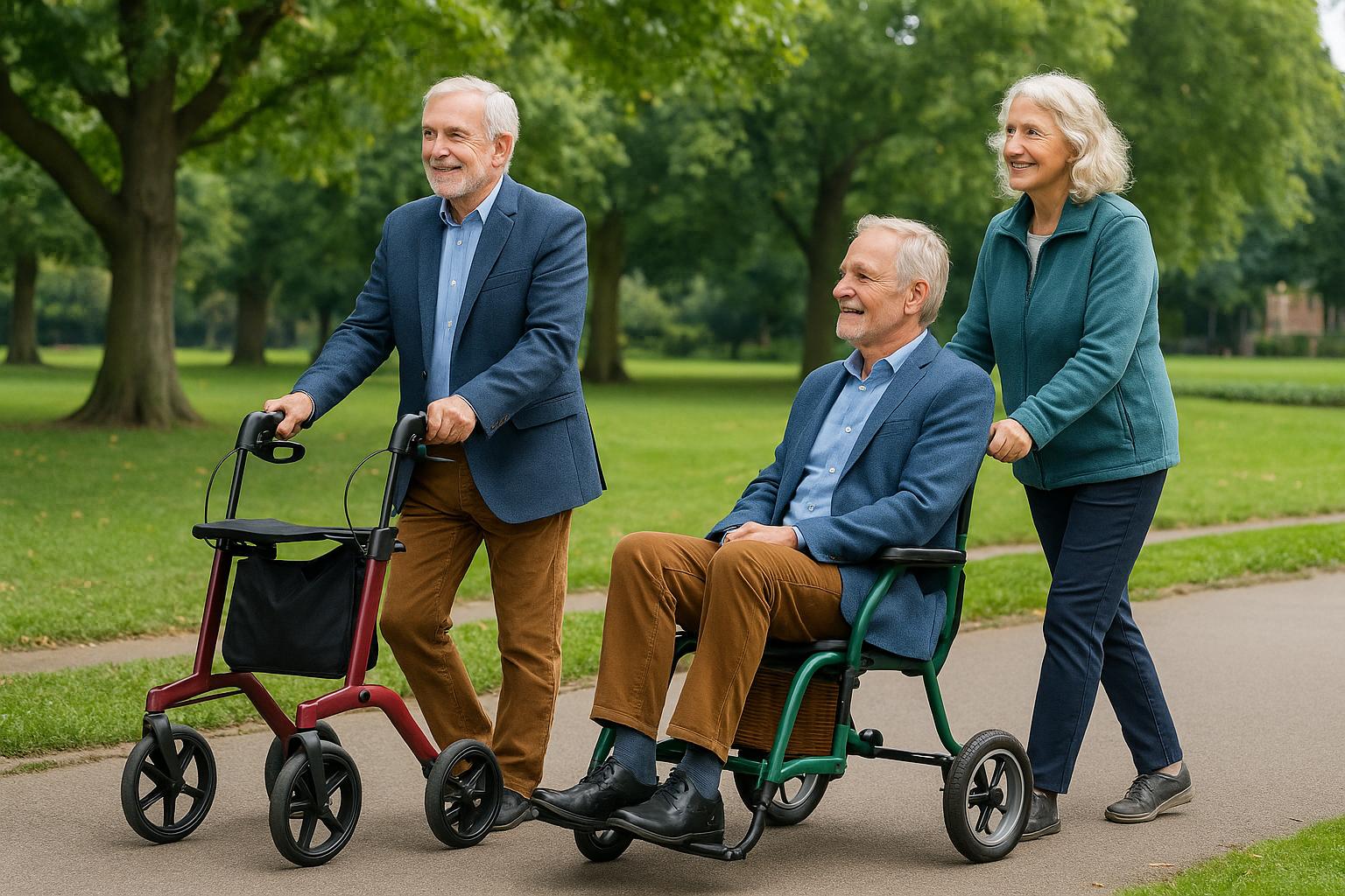 Deux seniors profitent d’une promenade avec un Rollator Trive bordeaux et un Rollator Glide 2 en 1 vert, illustrant autonomie et confort.