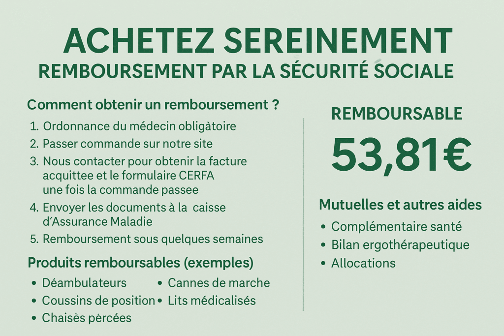 Visuel informatif sur le remboursement des équipements médicaux avec Orvimed : rollator, fauteuil roulant, lit médicalisé, canne et scooter électrique, avec message “Achetez sereinement vos équipements médicaux – Ordonnance + facture Orvimed + formulaire CERFA = remboursement facilité”.