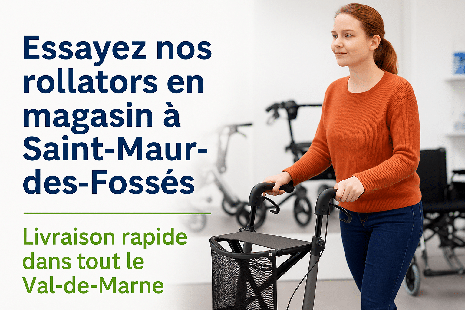 Visuel publicitaire Orvimed présentant plusieurs rollators modernes avec le message : “Essayez nos rollators en magasin à Saint-Maur-des-Fossés – Livraison rapide dans tout le Val-de-Marne et l’Île-de-France”.