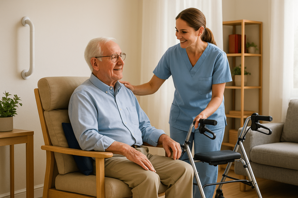 Senior souriant assis dans un fauteuil avec coussin de maintien, accompagné d’une aide-soignante bienveillante tenant un déambulateur dans un salon lumineux adapté au maintien à domicile.