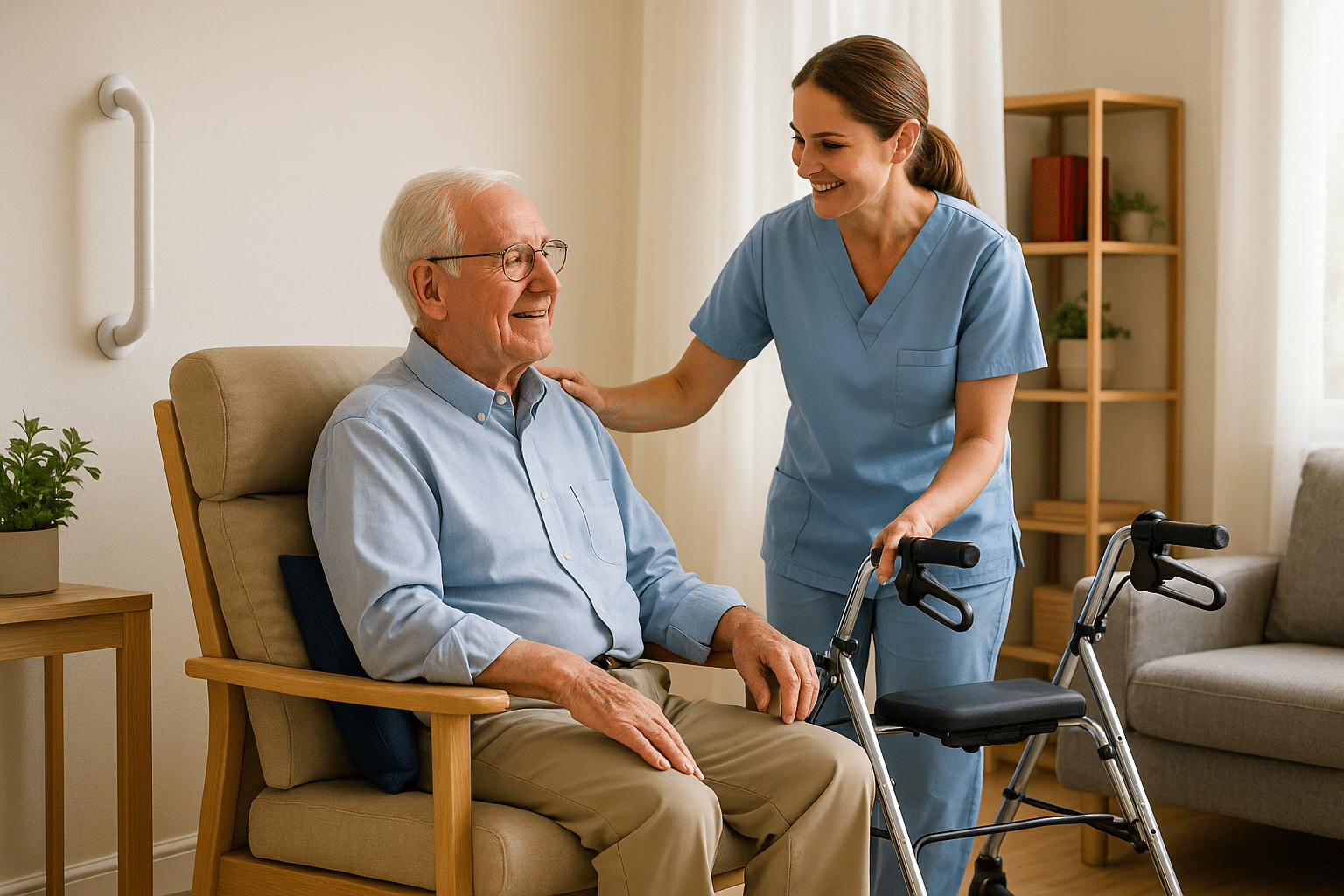 Senior souriant assis dans un fauteuil avec coussin de maintien, accompagné d’une aide-soignante bienveillante tenant un déambulateur dans un salon lumineux adapté au maintien à domicile.