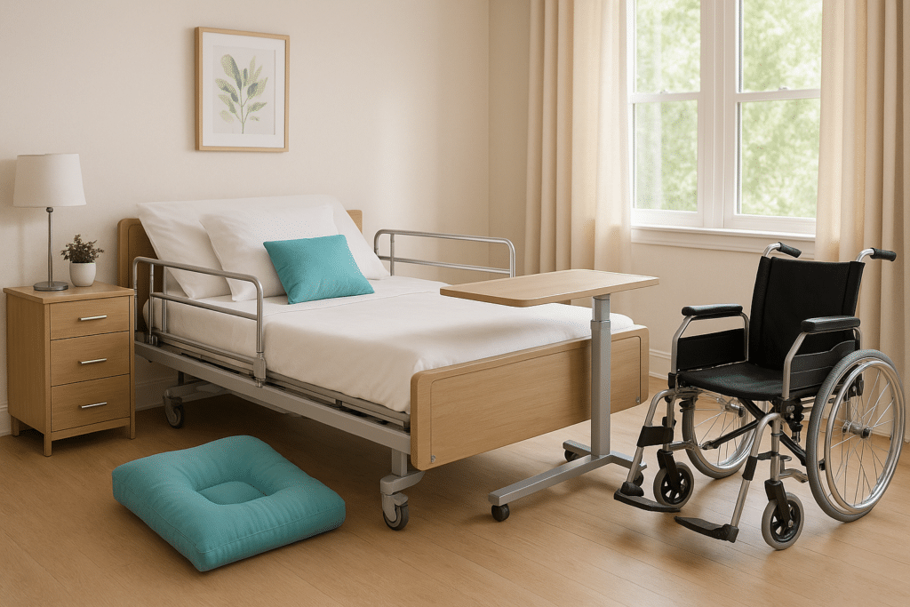 Fauteuil roulant, lit médicalisé et coussins de positionnement dans une chambre claire et sécurisée, illustrant le matériel médical à domicile pour seniors.