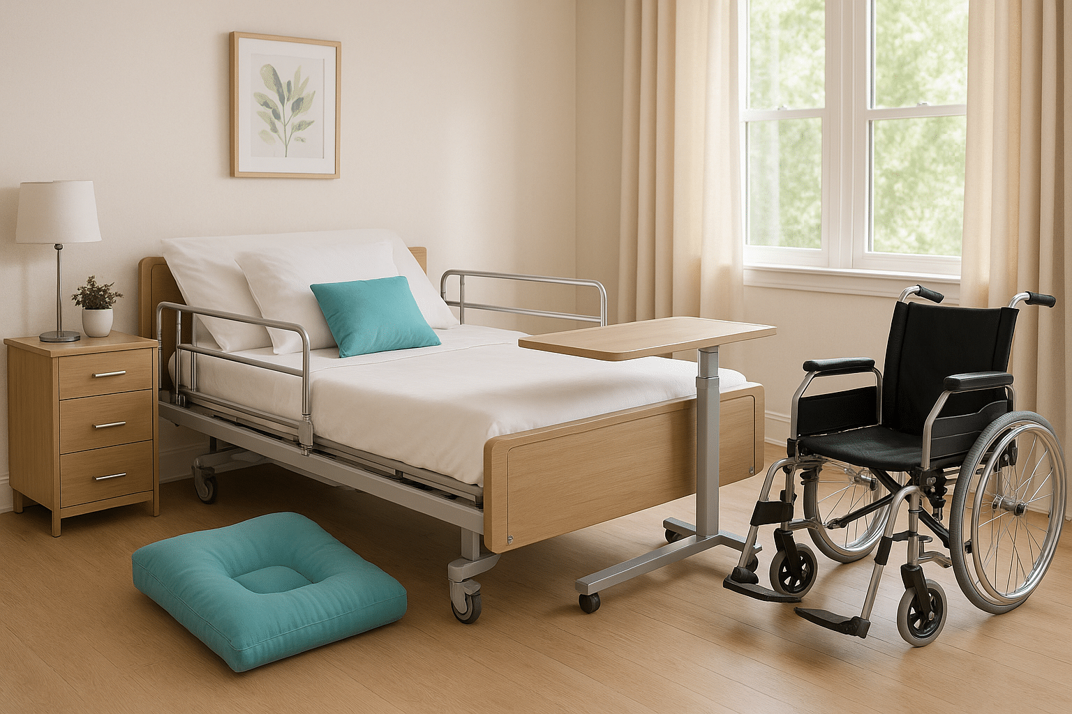 Fauteuil roulant, lit médicalisé et coussins de positionnement dans une chambre claire et sécurisée, illustrant le matériel médical à domicile pour seniors.