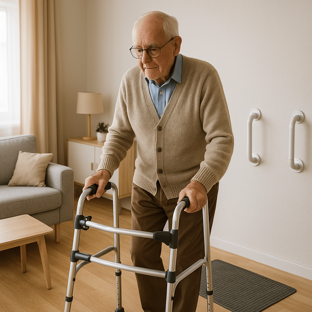 Personne âgée utilisant un déambulateur dans un salon sécurisé avec barres d’appui et tapis antidérapant, illustrant la prévention des chutes à domicile.