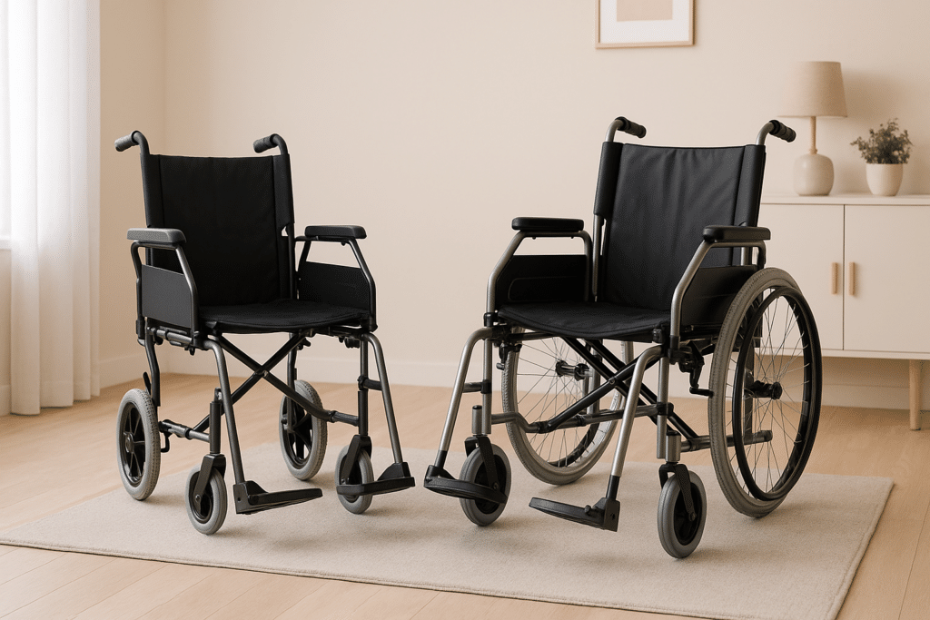 Fauteuil roulant classique et fauteuil de transfert exposés dans une pièce lumineuse, symbolisant l’achat de matériel médical à Saint-Maur-des-Fossés avec Orvimed.