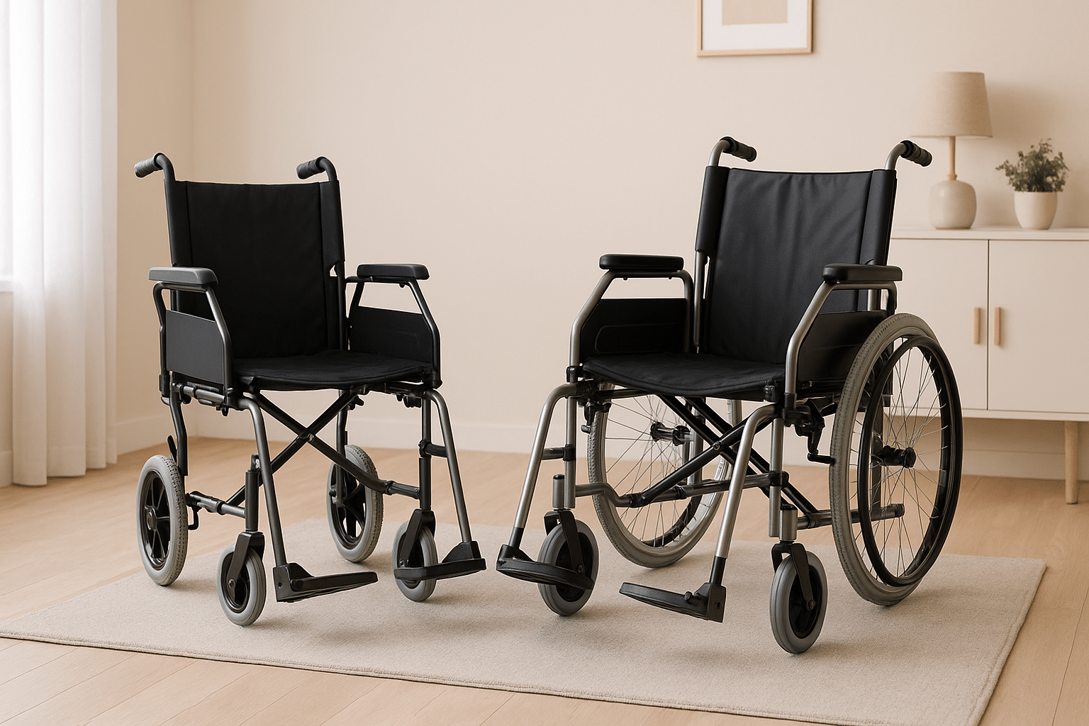 Fauteuil roulant classique et fauteuil de transfert exposés dans une pièce lumineuse, symbolisant l’achat de matériel médical à Saint-Maur-des-Fossés avec Orvimed.