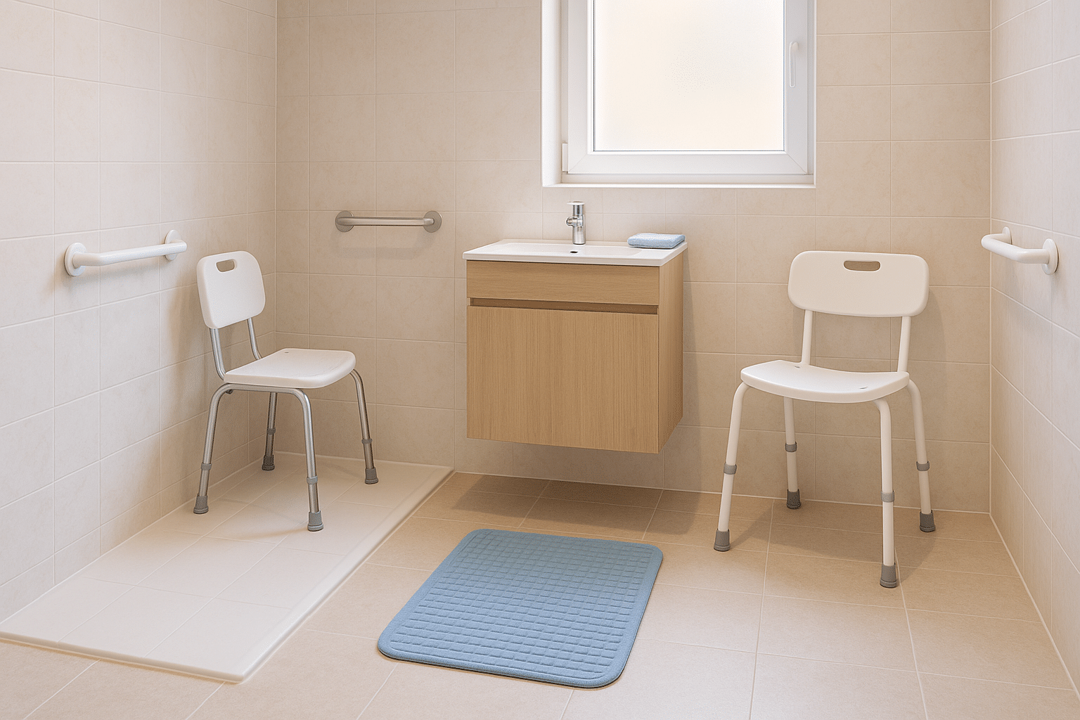 Salle de bain équipée pour senior avec barre de maintien, siège de douche pliant et tapis antidérapant Orvimed à Saint-Maur-des-Fossés.