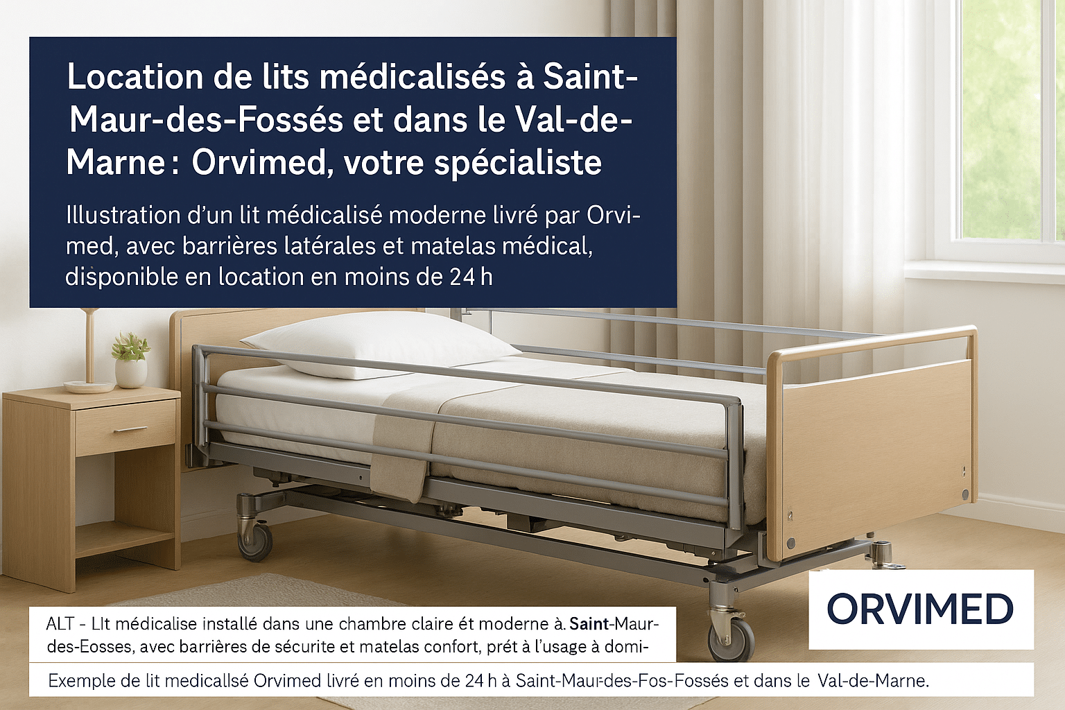 Lit médicalisé installé dans une chambre claire et moderne à Saint-Maur-des-Fossés, avec barrières de sécurité et matelas confort, prêt à l’usage à domicile