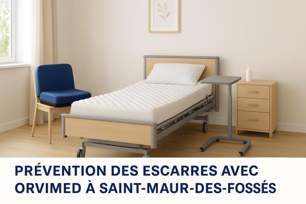 Lit médicalisé avec matelas anti-escarres et coussin Viscoflex dans une chambre claire, illustrant la prévention des escarres à domicile avec Orvimed.