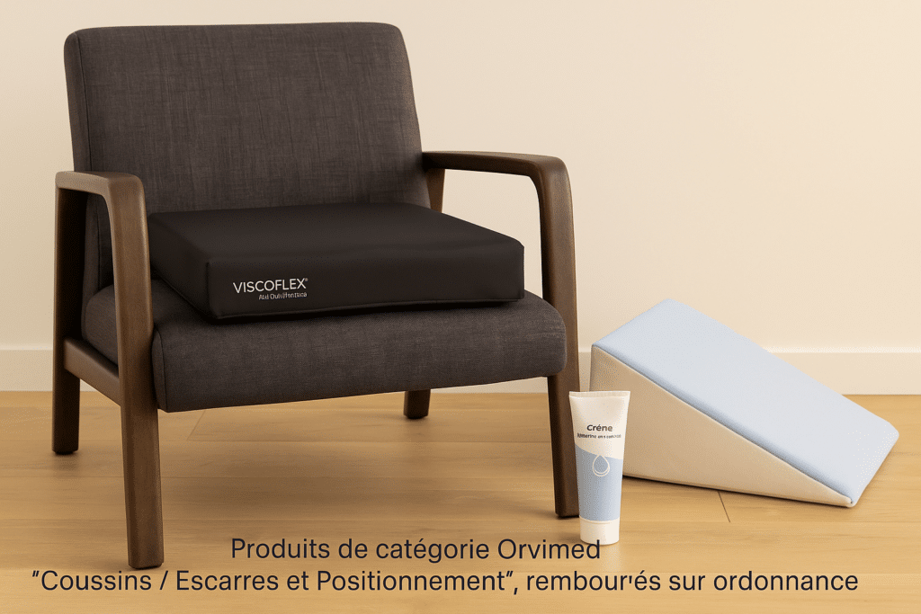 Coussin anti-escarres Viscoflex posé sur un fauteuil, accompagné d’un dispositif de fond de lit et d’une crème protectrice, disponibles chez Orvimed.
