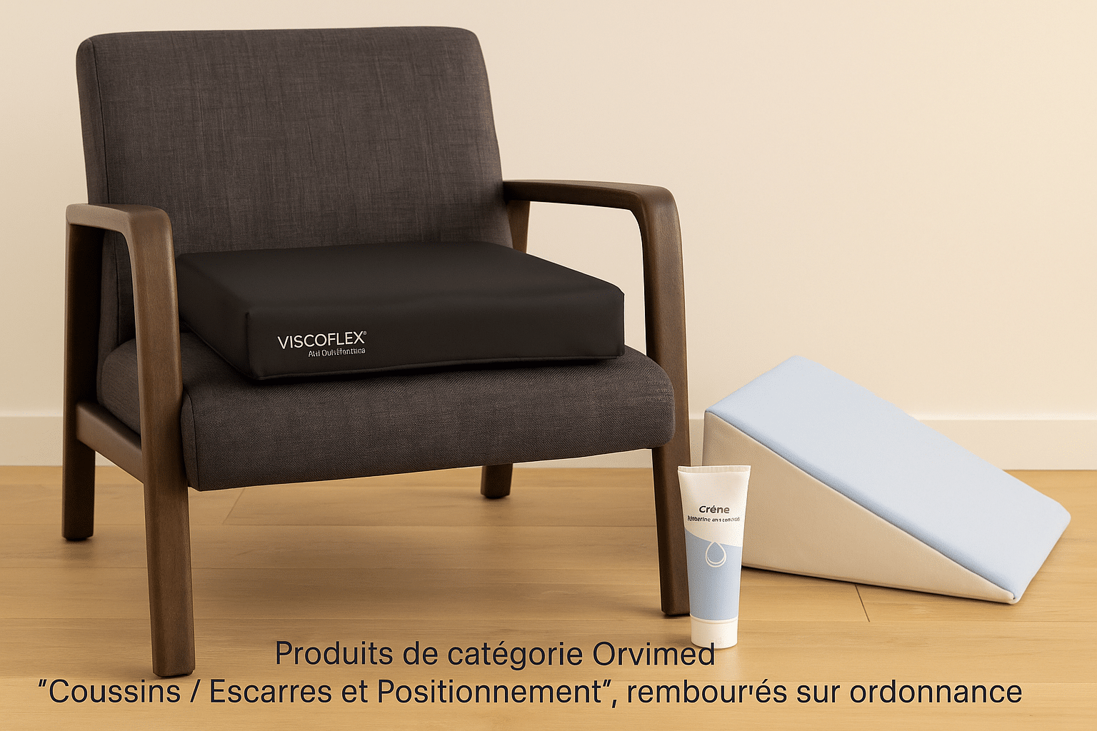 Coussin anti-escarres Viscoflex posé sur un fauteuil, accompagné d’un dispositif de fond de lit et d’une crème protectrice, disponibles chez Orvimed.