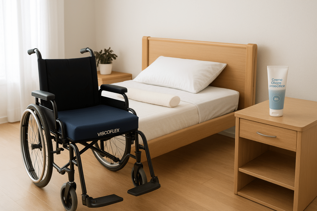 Coussin anti-escarres Viscoflex posé sur un fauteuil roulant, avec dispositif de fond de lit et crème dermo-protectrice, solutions Orvimed pour la prévention des escarres.