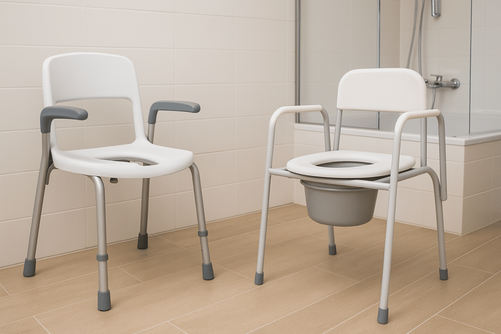 Chaise de toilette avec seau amovible et accoudoirs, utilisable comme chaise percée ou chaise de douche, disponible chez Orvimed.
