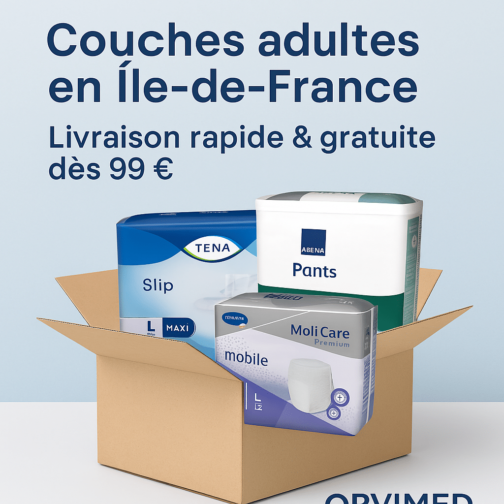 Couches pour adultes Tena, Abena et Hartmann dans un carton de livraison – Orvimed, Île-de-France, livraison rapide et gratuite dès 99 €.
