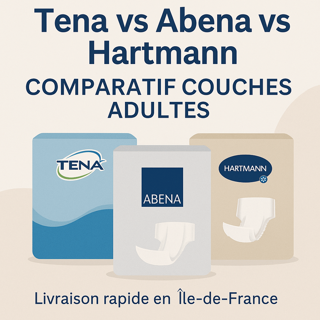 Comparatif couches adultes Tena, Abena et Hartmann – protections urinaires Orvimed avec livraison rapide en Île-de-France.