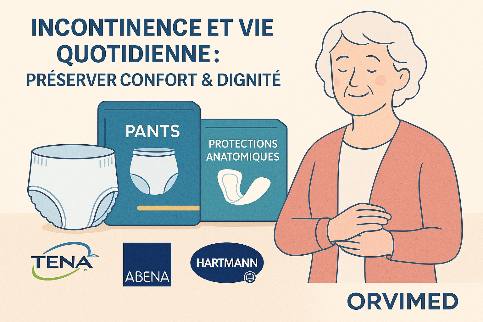 Solutions pour mieux vivre l’incontinence au quotidien – protections urinaires adultes Orvimed (Tena, Abena, Hartmann).