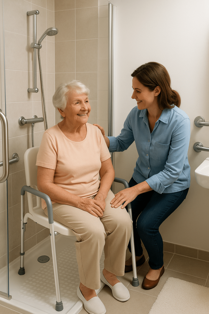 Salle de bain sécurisée avec barre d’appui et chaise de douche pour senior
