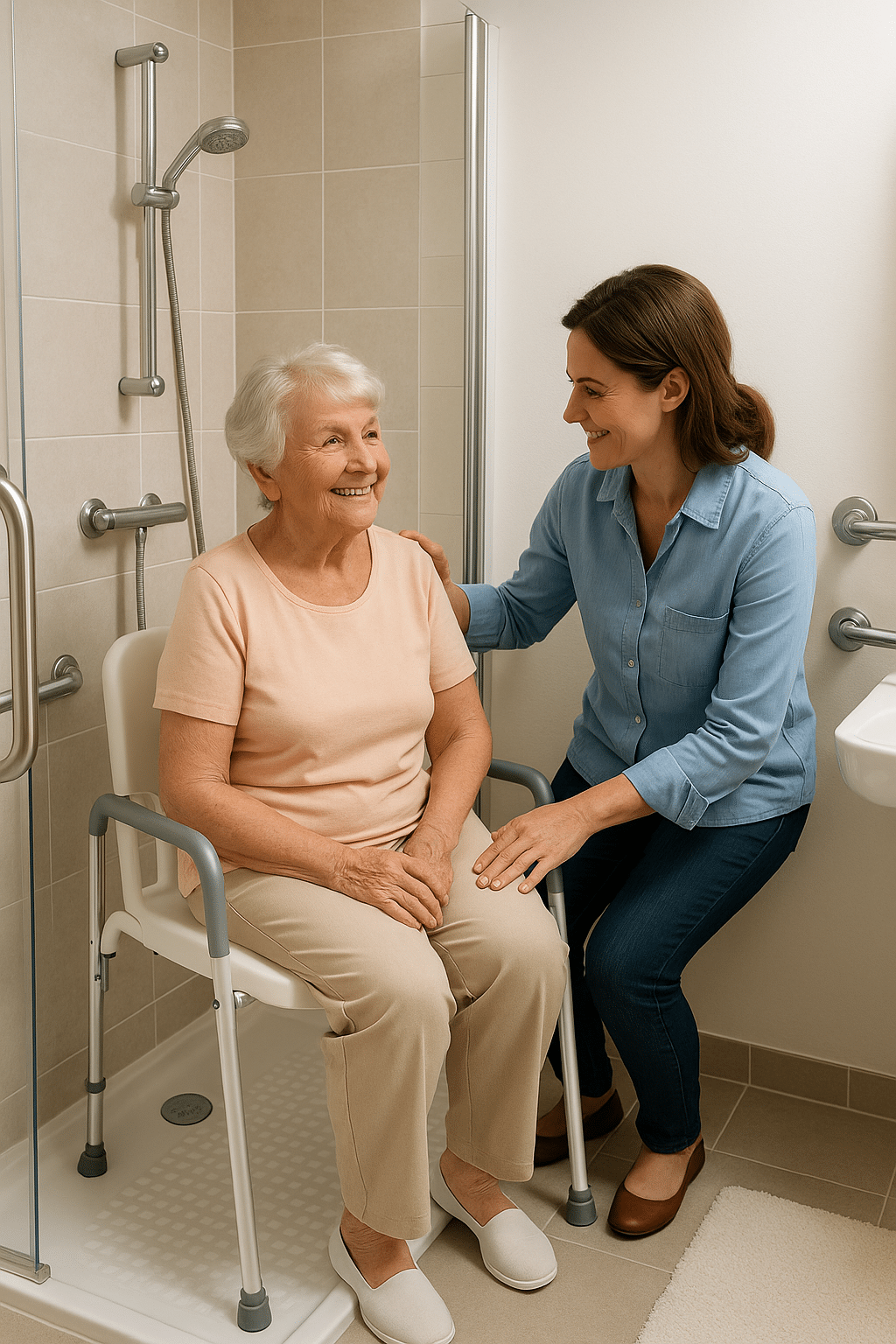 Salle de bain sécurisée avec barre d’appui et chaise de douche pour senior