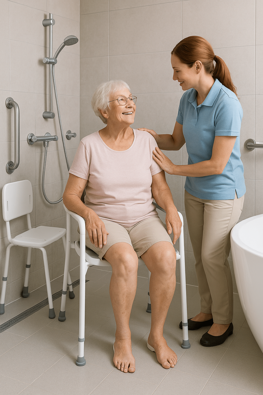 Femme âgée assise sur une chaise de douche sécurisée avec barres d’appui et accompagnée d’un aidant