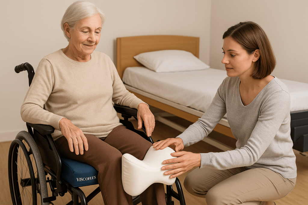 Femme âgée assise sur un coussin anti-escarres Viscoflex avec coussin séparateur de jambes LegLift Vegelya et lit équipé d’un dispositif de fond de lit