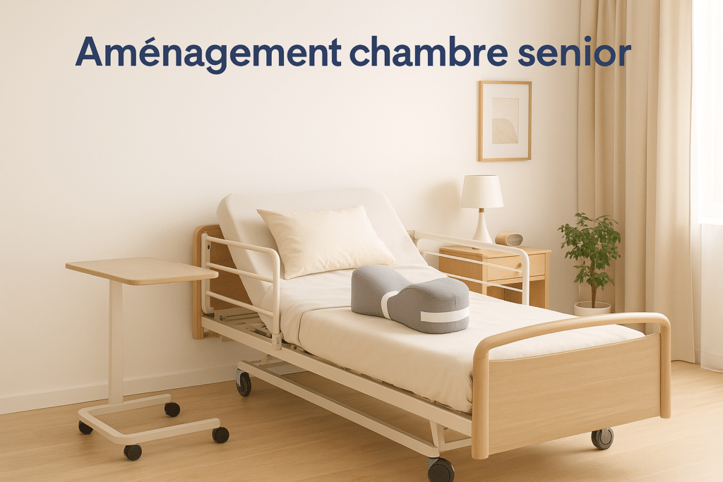 Lit médicalisé avec coussin LegLift Vegelya et dispositif de fond de lit dans une chambre senior sécurisée
