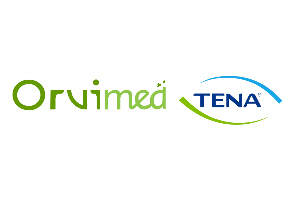 Logos de la marque Orvimed et de la marque TENA côte à côte, illustrant leur partenariat dans la distribution de protections absorbantes et de matériel médical.