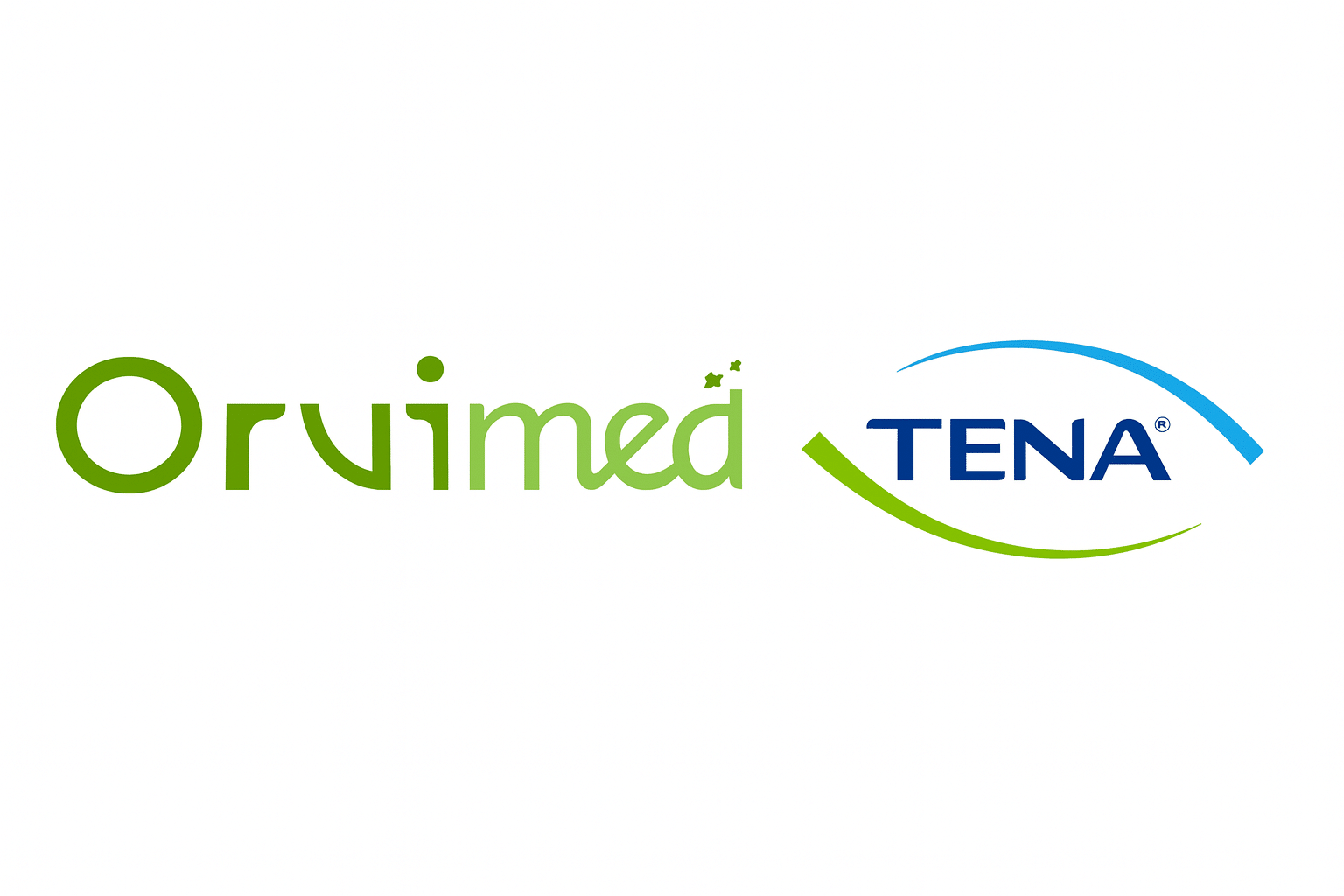 Logos de la marque Orvimed et de la marque TENA côte à côte, illustrant leur partenariat dans la distribution de protections absorbantes et de matériel médical.