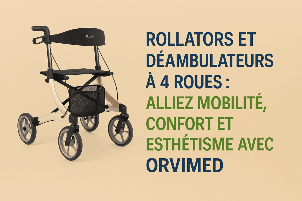 Illustration des principaux rollators à 4 roues vendus sur Orvimed, incluant UpLivin Trive et Glide 2 en 1, TrustCare Let’s Fly, Let’s Go Out, Let’s Go Indoor, Rollz Motion, Rollz Flex, Rollz Motion Electric, By ACRE Carbon Ultralight, Carbon Overland et Carlett Lett800.