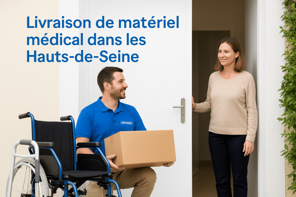 Livreur Orvimed remettant du matériel médical à domicile dans les Hauts-de-Seine, fauteuil roulant et équipements médicaux livrés en 24h.