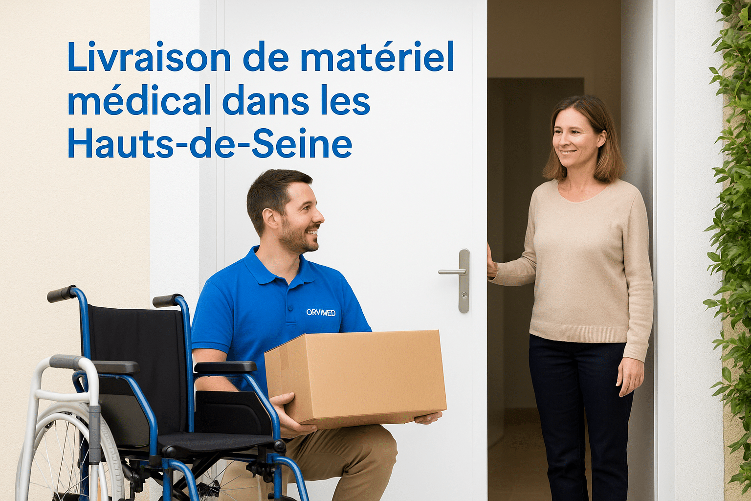 Livreur Orvimed remettant du matériel médical à domicile dans les Hauts-de-Seine, fauteuil roulant et équipements médicaux livrés en 24h.