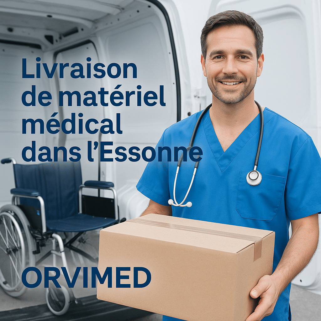 Technicien Orvimed livrant du matériel médical à domicile dans l’Essonne, fauteuil médicalisé et équipements de maintien à domicile, service rapide et humain.
