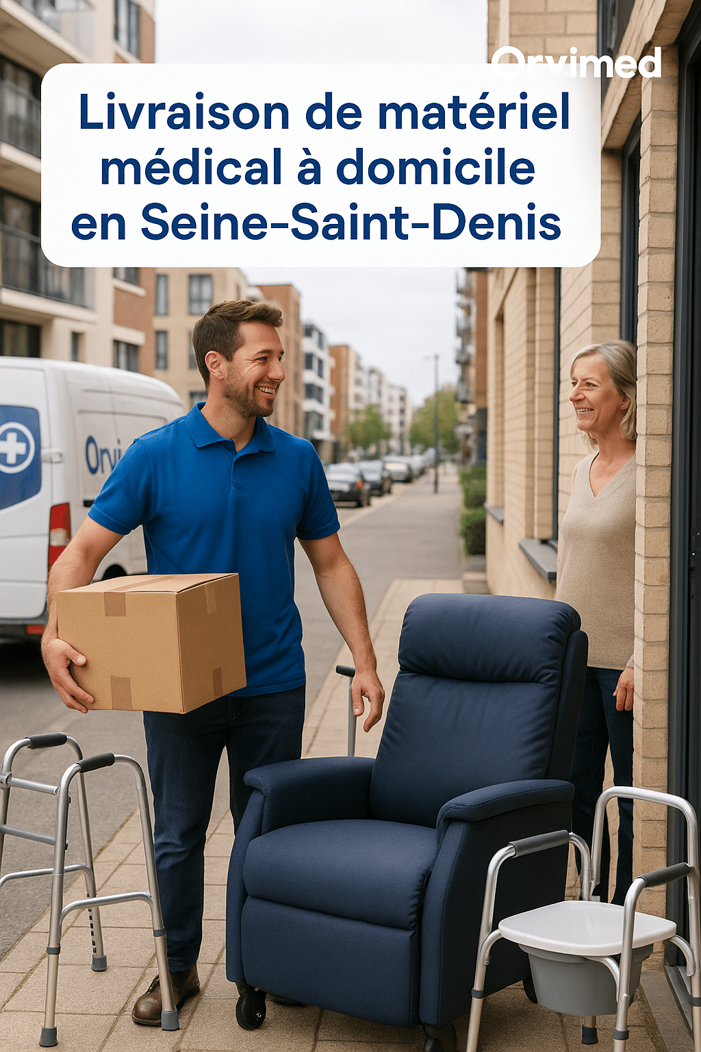 Technicien Orvimed livrant un lit médicalisé à domicile en Seine-Saint-Denis, matériel médical et aide à la mobilité, service rapide et bienveillant.