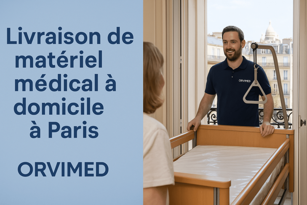 Technicien Orvimed livrant du matériel médical à domicile à Paris, au pied d’immeubles haussmanniens, service rapide et professionnel
