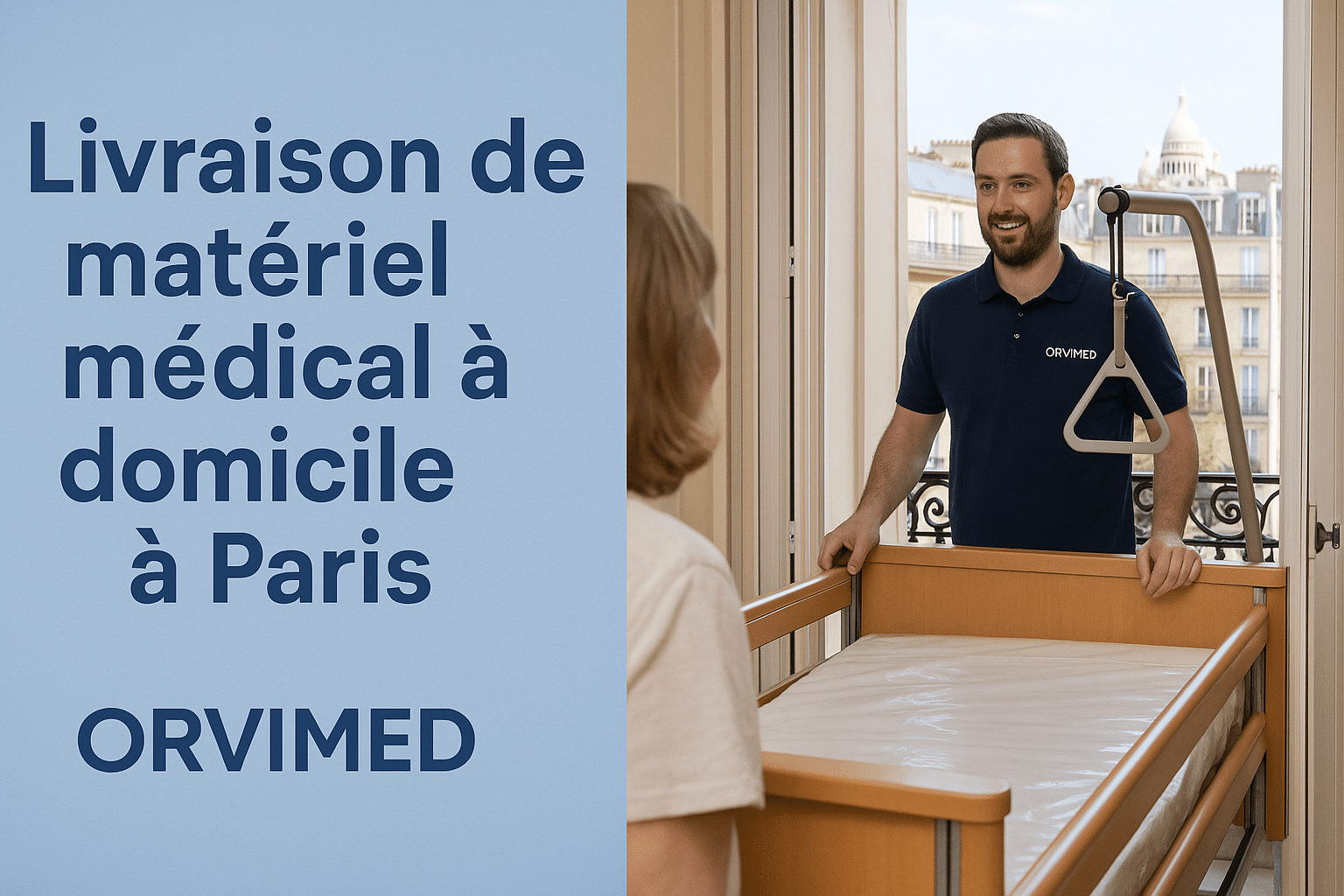 Technicien Orvimed livrant du matériel médical à domicile à Paris, au pied d’immeubles haussmanniens, service rapide et professionnel