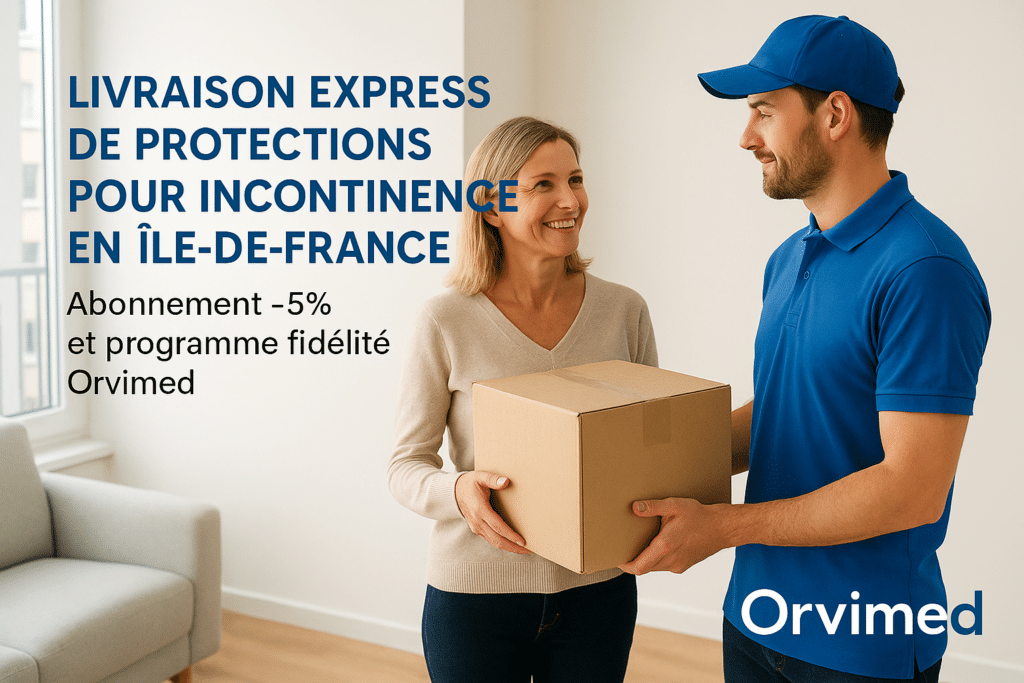 Conseiller Orvimed au téléphone aidant un client à choisir ses protections urinaires TENA et Abena en Île-de-France