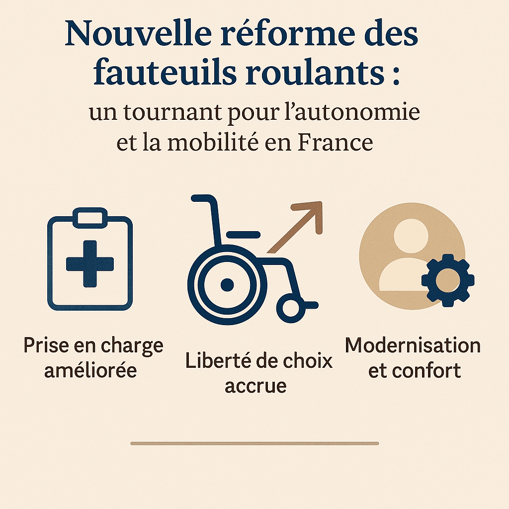 Visuel Orvimed illustrant la réforme des fauteuils roulants en France, montrant une personne en fauteuil moderne accompagnée d’un proche dans un environnement urbain lumineux, symbole de confort, autonomie et inclusion.