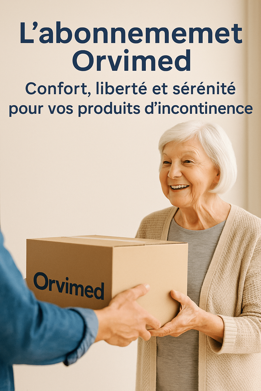 Visuel Orvimed illustrant une personne âgée souriante recevant un colis de livraison discrète à domicile, symbole de confort, liberté et sérénité grâce à l’abonnement Orvimed.