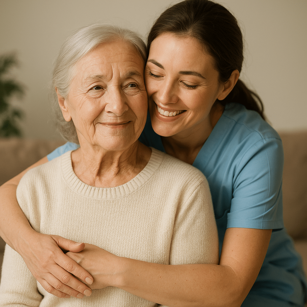 Aide-soignante souriante qui enlace une personne âgée pour illustrer un accompagnement rassurant et bienveillant à domicile.