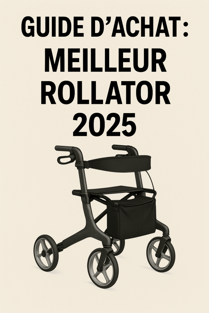 Image illustrant le guide d’achat des meilleurs rollators 2025, avec un rollator moderne en avant-plan et un titre en noir “Guide d’achat : Meilleur Rollator 2025”.