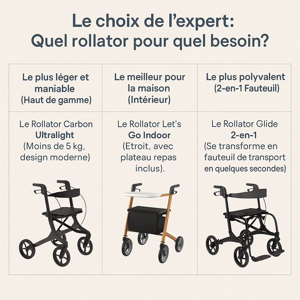 Image comparative en français montrant trois rollators recommandés comme meilleurs choix 2025 : un modèle léger, un modèle d’intérieur et un modèle polyvalent, sous le titre “Le choix de l’expert”.
