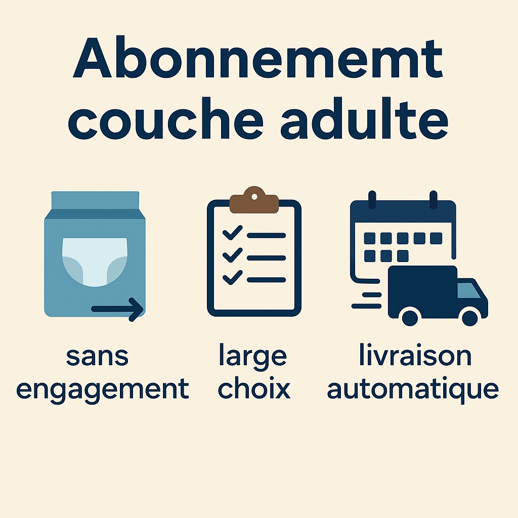 Illustration d’un colis de livraison discret contenant des protections pour incontinence, représentant le concept d’abonnement de couches pour adultes avec une ambiance bienveillante et professionnelle.