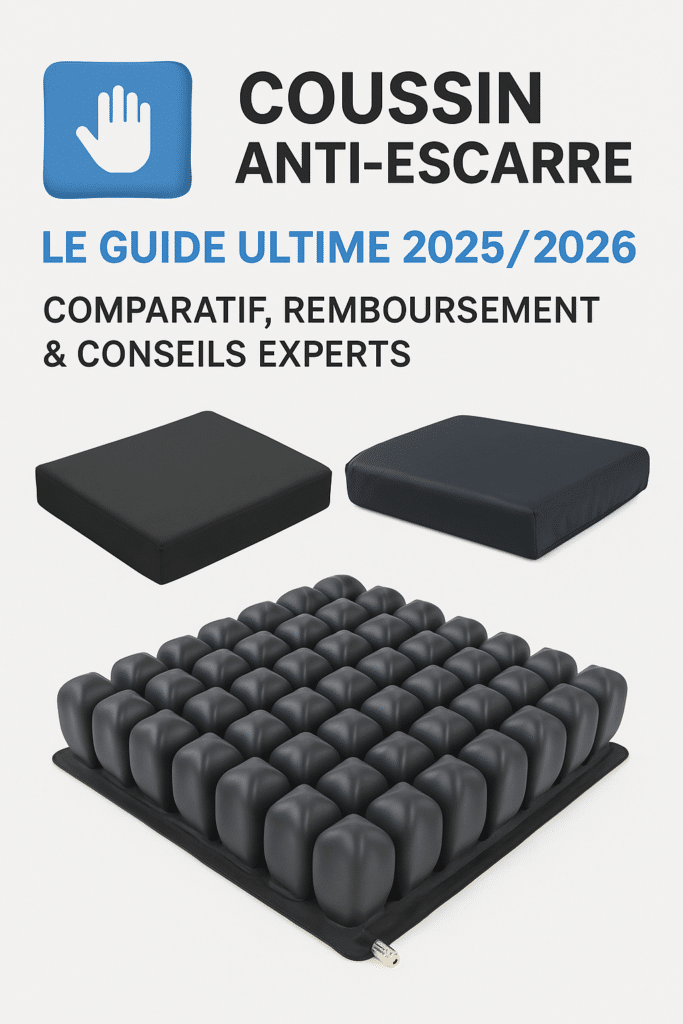 Coussins anti-escarres en mousse, gel et air présentés sur fond blanc – Guide 2025/2026 Orvimed