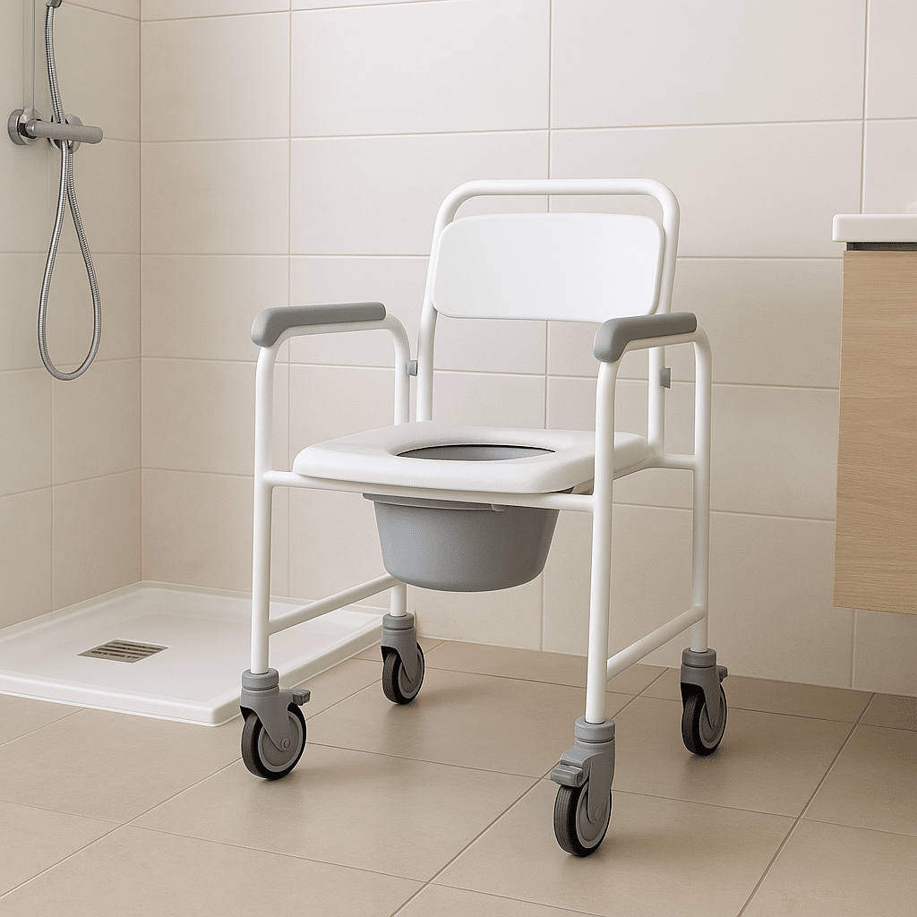 Chaise de douche et toilette PMR blanche et grise dans une salle de bain moderne – Guide sécurité Orvimed 2025