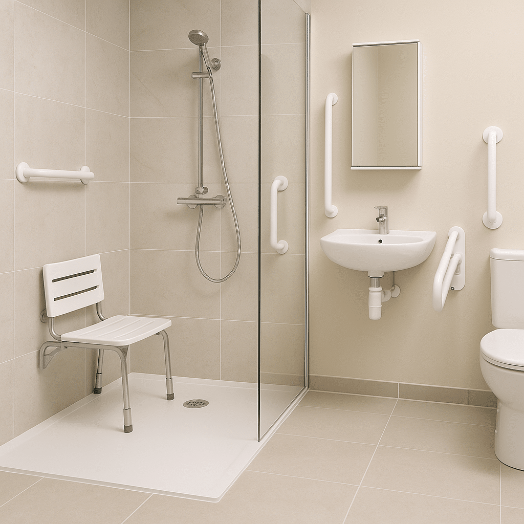 Salle de bain PMR sécurisée avec barres d’appui, douche de plain-pied et siège mural – Guide autonomie Orvimed 2025
