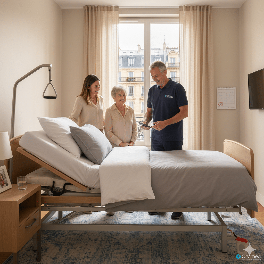 Installation lit médicalisé Orvimed domicile Paris Île-de-France 24h maintenance incluse pour personne âgée. Technicien Orvimed explique le fonctionnement à une famille.
