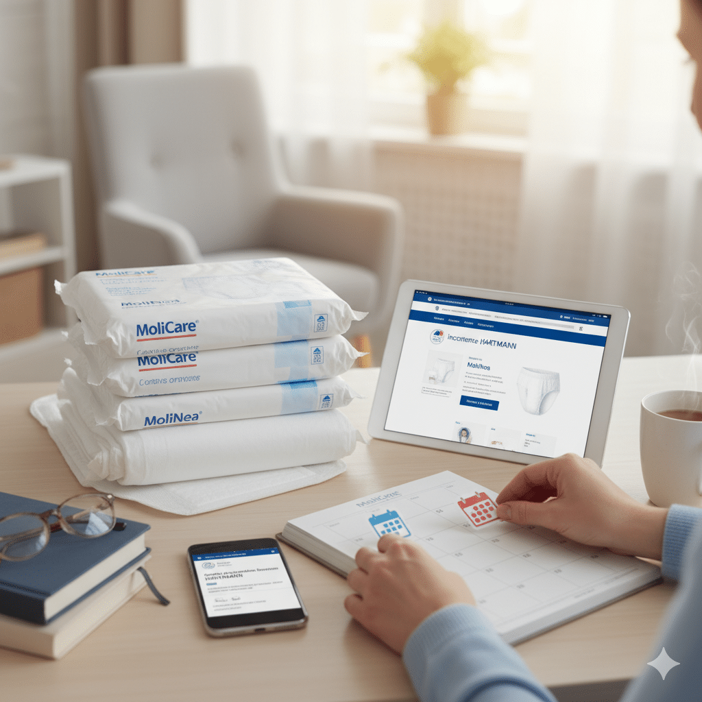 Abonnement MoliCare : Femme gérant une livraison automatique de protections HARTMANN (couches, pants, alèses) sur un calendrier et une tablette Orvimed.fr. Scène symbolisant la sérénité et la discrétion.