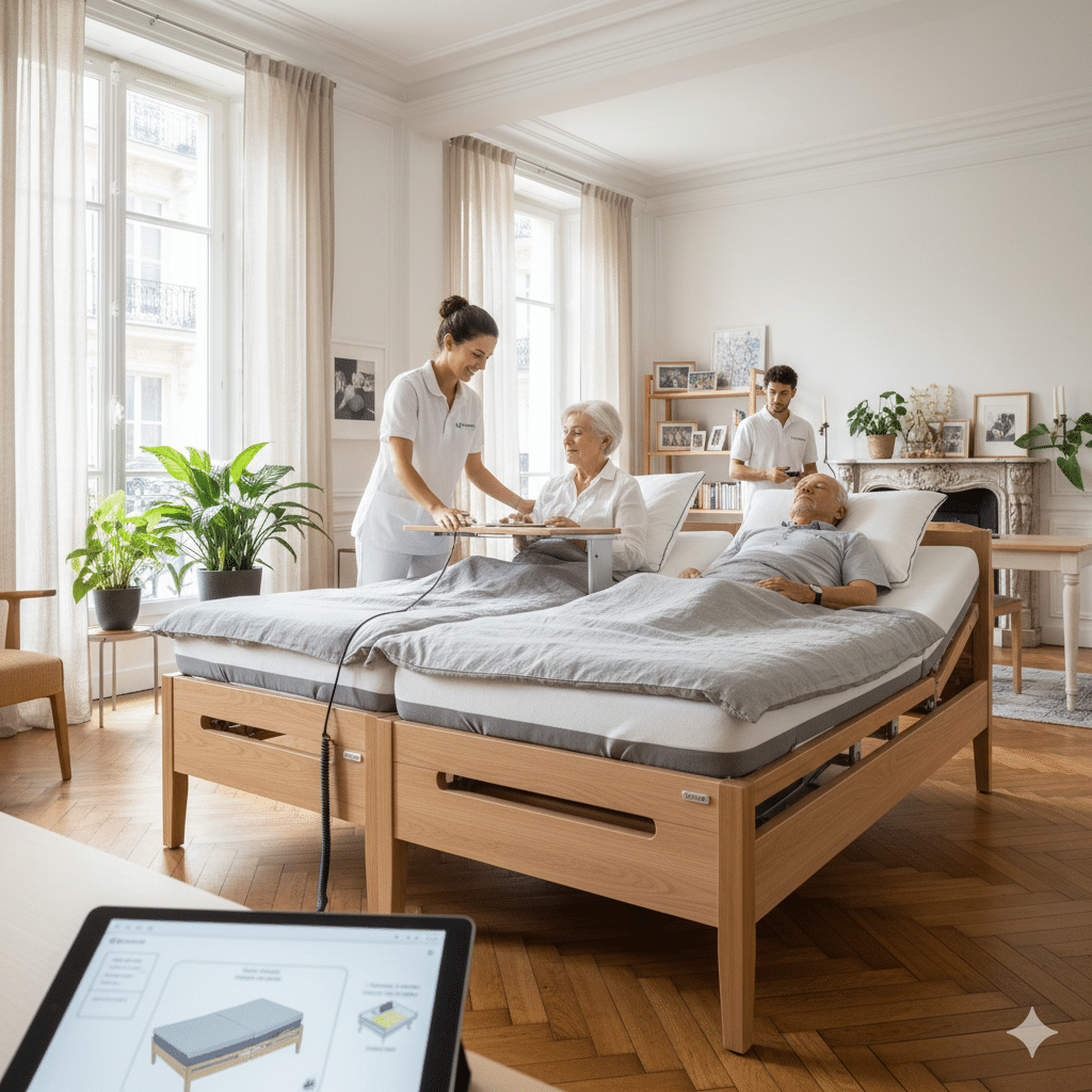 Installation d'un lit médicalisé Île-de-France de marque Winncare par les équipes Orvimed.