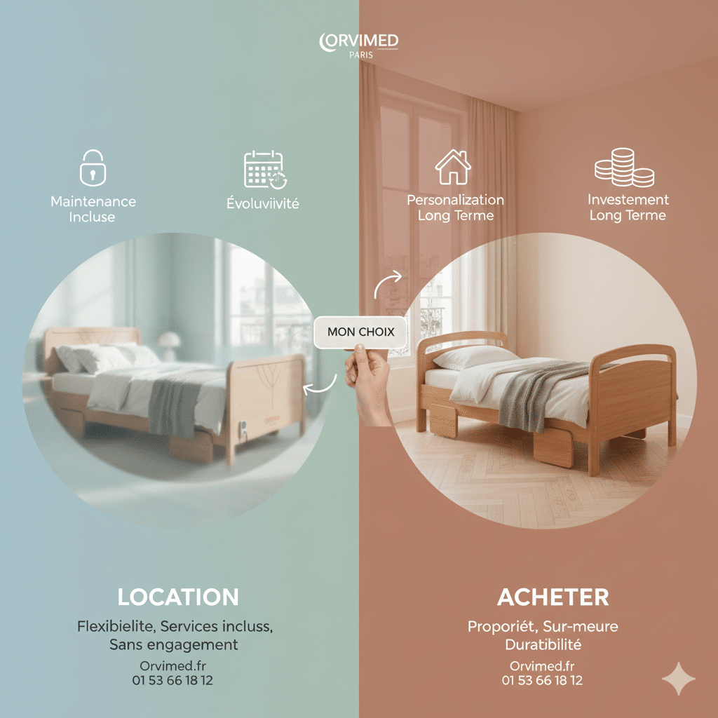 4. Les critères de décision essentiels Pour savoir s'il faut louer ou acheter un lit médicalisé, posez-vous les trois questions suivantes : Quelle est la durée prévisible de l'utilisation ? Si le besoin est lié à une fracture, une fin de vie ou une convalescence post-opératoire (moins de 12 mois), la location est indiscutablement la meilleure option. Si le besoin est lié à un handicap stabilisé pour une personne jeune, l'achat peut être envisagé. Quelle est l'évolutivité de la pathologie ? Certaines maladies nécessitent un matériel qui évolue. Un patient peut avoir besoin d'un lit standard aujourd'hui, mais d'un lit médicalisé XXL ou d'un lit Alzheimer dans six mois. La location permet de changer de modèle sur simple nouvelle prescription, sans perte financière. Quelle est votre capacité à gérer l'entretien ? Posséder son lit médicalisé implique de gérer les pannes éventuelles. En Île-de-France, trouver un technicien de réparation indépendant peut être long et coûteux. Avec la location Orvimed, un simple appel au 01 53 66 18 12 déclenche une intervention immédiate. Note importante : Que vous choisissiez l'achat ou la location, le matelas anti-escarre est généralement un achat (pour des raisons d'hygiène évidentes), bien qu'il soit lui aussi pris en charge. Pour plus de détails, consultez notre guide : lit médicalisé Île-de-France. 5. Pourquoi passer par Orvimed pour votre choix ? Basé au cœur de l'Île-de-France, Orvimed n'est pas qu'un loueur de matériel. Nous sommes des experts du maintien à domicile. Choisir notre service de location, c'est s'assurer : Une livraison express : Sous 24h à Paris et dans toute la banlieue (77, 78, 91, 92, 93, 94, 95). Une expertise administrative : Nous traitons directement avec votre CPAM et votre mutuelle pour vous libérer de la paperasse. Une assistance 7j/7 : Un lit médicalisé est un organe vital du domicile ; il ne doit jamais rester en panne. En résumé, si vous recherchez la tranquillité d'esprit, la sécurité technique et l'absence d'avance de frais, la location de lit médicalisé reste la solution optimale pour la majorité des situations rencontrées en Île-de-France. Pour aller plus loin et découvrir nos différents modèles disponibles immédiatement, visitez notre article pilier : lit médicalisé Île-de-France.